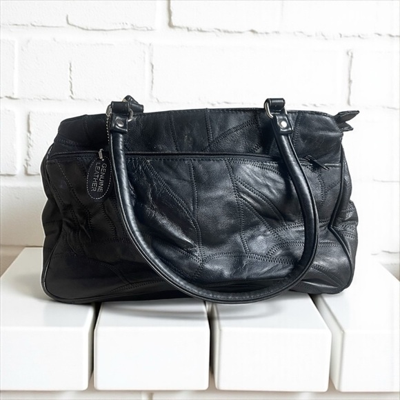 The Unbranded Brand Handbags - Black Leather Patchwork Shoulder Bag Y2K Boho Zipper Tote​
